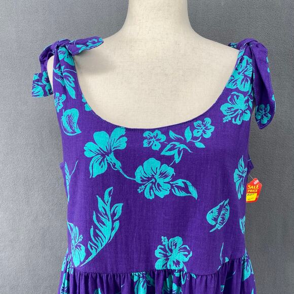 Vtg 80s 90s Two Potato Aloha Floral Midi Tiered Tie Shoulder Dress M Resort Wear - Picture 5 of 16